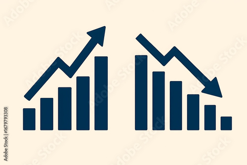 Bar charts showing upward and downward trends with arrows finance business isolated on a transparent background