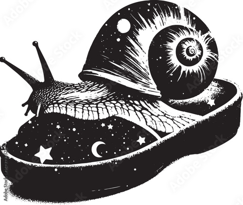 Whimsical Black and White Illustration of a Snail with a Starry Night Shell and Shoe