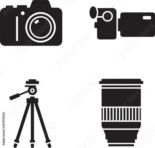 Photography and videography equipment set professional camera lens tripod and camcorder vector illustration