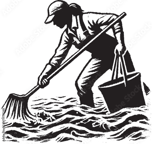 Illustration of a Person Cleaning Flooded Water with a Mop and Bucket Depicting Disaster Relief