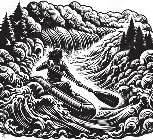 Black and white illustration of a person rafting in a whitewater river with detailed clouds