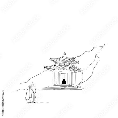 Monk walking towards a temple drawing with mountain background in black and white simple line art style