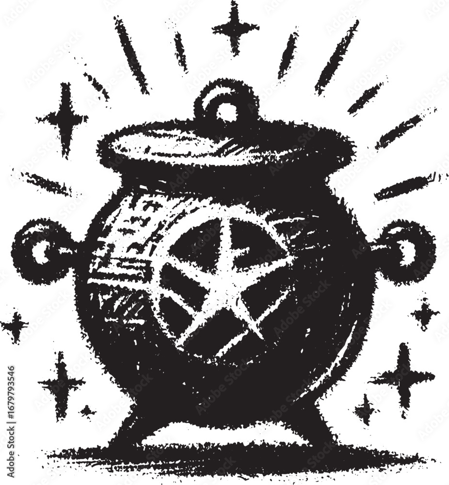 Obraz premium Mystical Cauldron Illustration: Magic, Witchcraft, and Fantasy Concept with Starry Effects