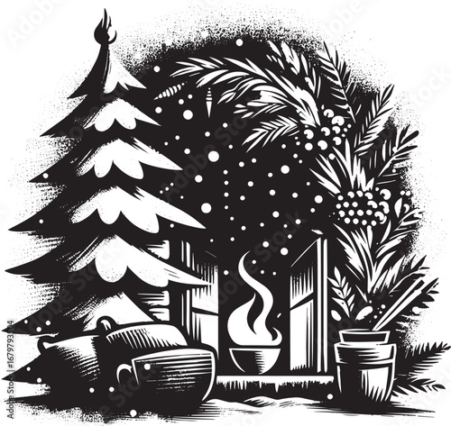 Ink Wash Winter Solstice Scene with Tree, Fire, and Mugs for Hol