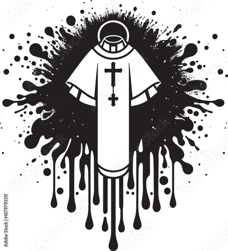 Illustration of a priest's robe with cross against a black splatter background design