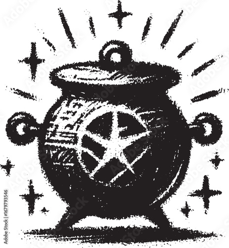 Mystical Cauldron Illustration: Magic, Witchcraft, and Fantasy Concept with Starry Effects