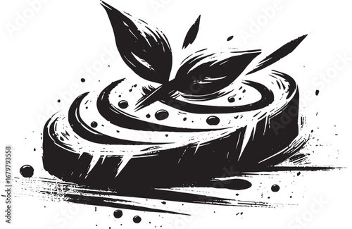 Sumi-e style illustration of Bruschetta with basil, artistic and