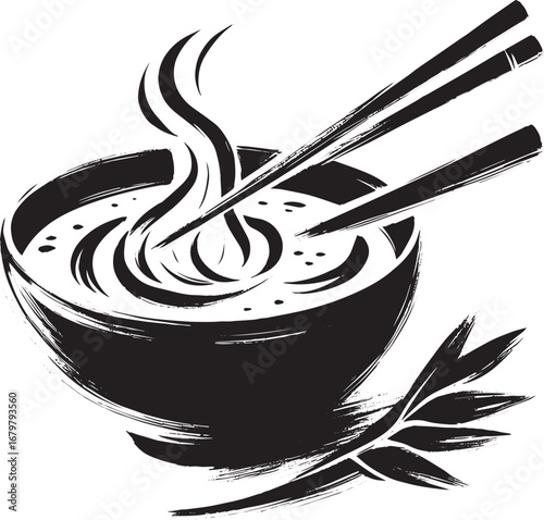 Elegant sumi-e illustration capturing a steaming bowl of wonton