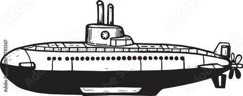 Monochrome woodcut depiction of a toy submarine with simple grap