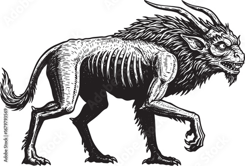 Monochrome depiction of a mythical creature in woodcut style art