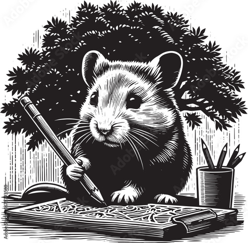 Illustration of a Mouse Artist Drawing with a Pencil and Notebook in Black and White