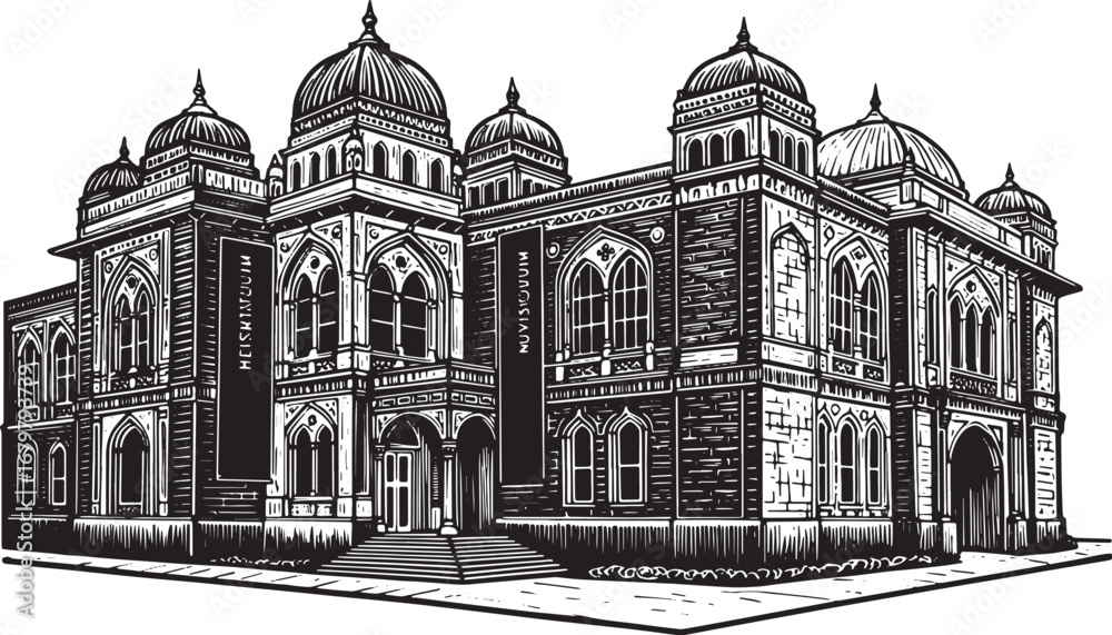 Obraz premium Elaborate Architectural Facade Woodcut Illustration of a Grand H