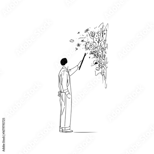 Artist painting floral wall art design with brush stroke technique minimalist black and white drawing style