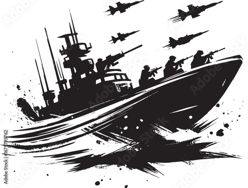 Dynamic Combat Vessel Silhouette with Jet Support, Ink-Wash Illu