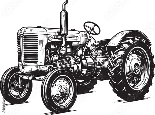 Vintage tractor illustration in woodcut style, agricultural mach