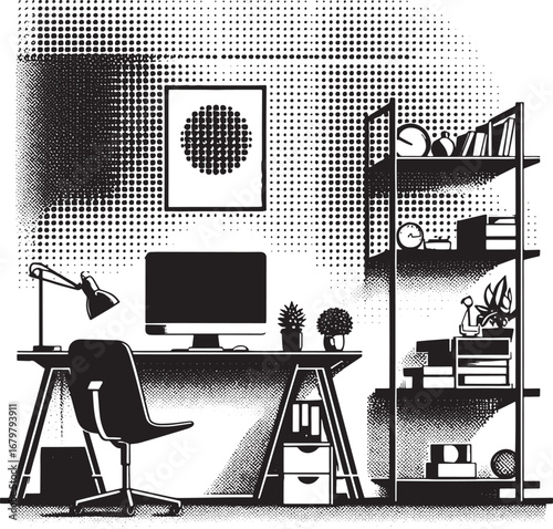 Illustration of a Modern Home Office Interior Featuring Desk, Shelves, and Decorative Elements
