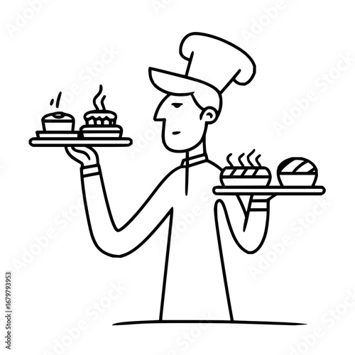 Chef serving food illustration culinary expert restaurant worker food service professional line art design