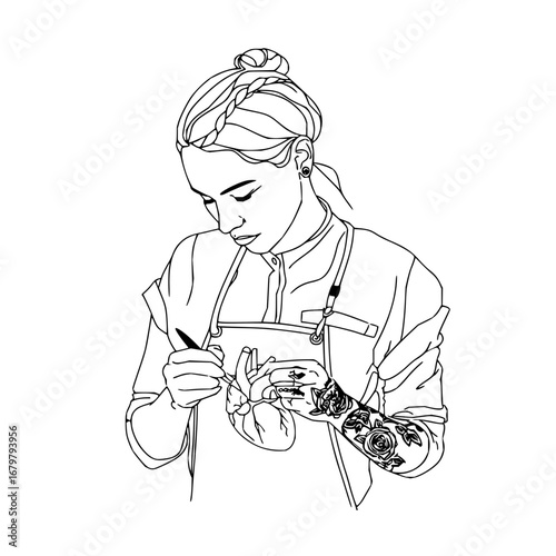 Line art drawing of a tattoo artist working on a heart tattoo design with black ink illustration style
