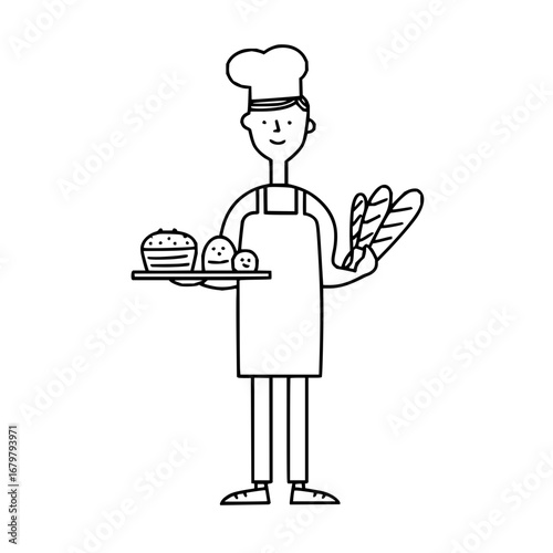 Baker with bread and pastries vector illustration for bakery shop or restaurant menu design and decoration