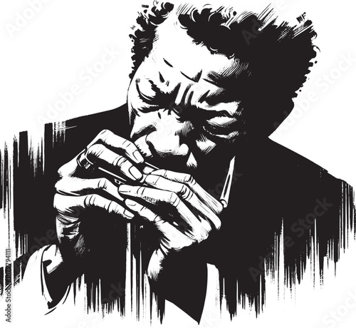 Expressive Sumi-e Illustration of a Harmonica Player Immersed in