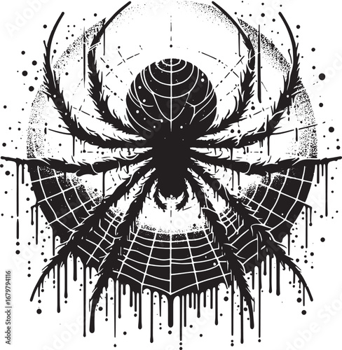Detailed Black and White Illustration of a Spider with Web and Splatter Effects on a White