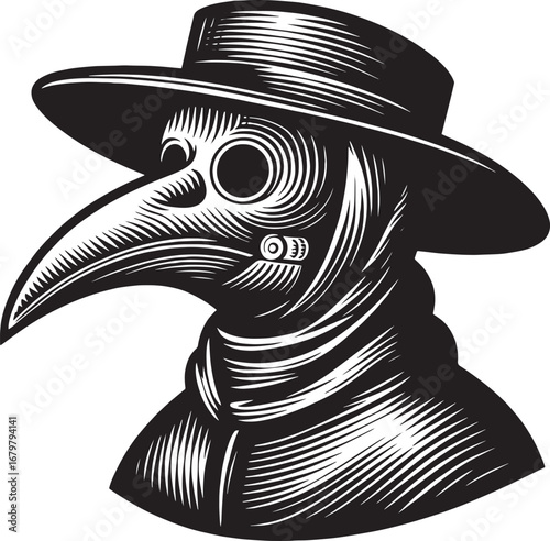 Intricate Black and White Engraving of a Plague Doctor's Portrait with Detailed Features