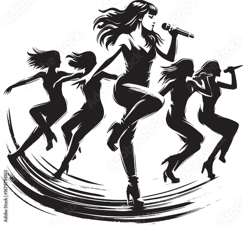 Dynamic monochrome illustration showcasing a female singer with