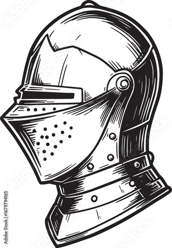 Detailed woodcut drawing of a medieval knight's helmet in black
