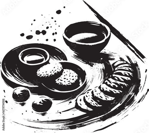 Elegant sumi-e illustration of assorted spanish tapas on a servi