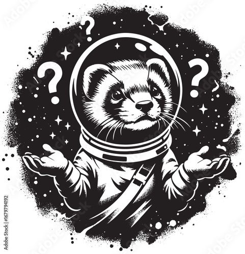 An Adorable Ferret Astronaut in Space with Question Marks Wondering About the Universe