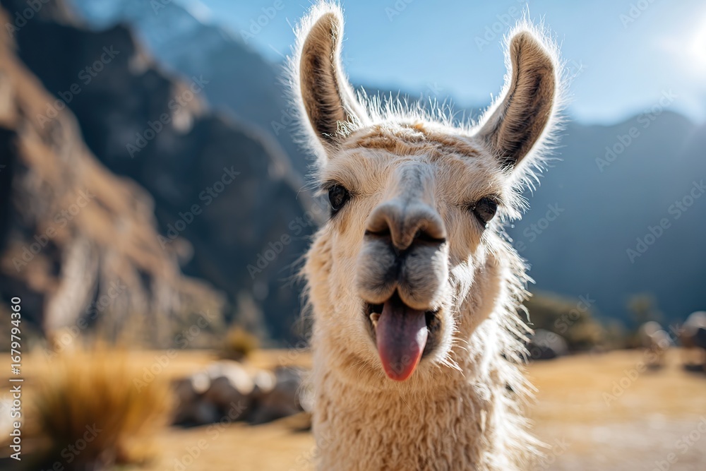 Obraz premium Playful llama close-up in a mountainous landscape