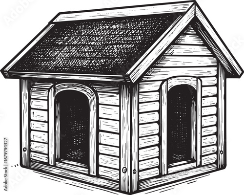 Detailed woodcut drawing of a doghouse, vintage black and white