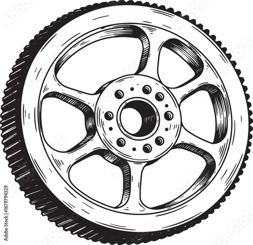 Monochrome vintage flywheel drawing, mechanical component illust