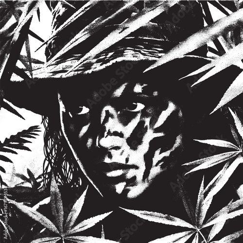Black and white image of a person's face hidden amongst cannabis leaves and foliage