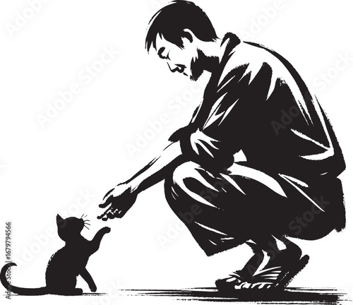 Sumi-e illustration of a man tenderly connecting with a small ca