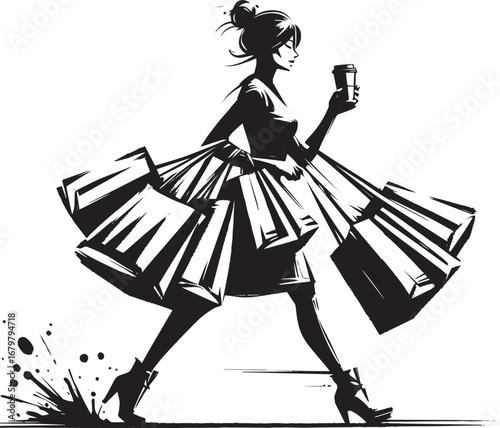 Stylish shopper balances bags and coffee in minimalist sumi-e il