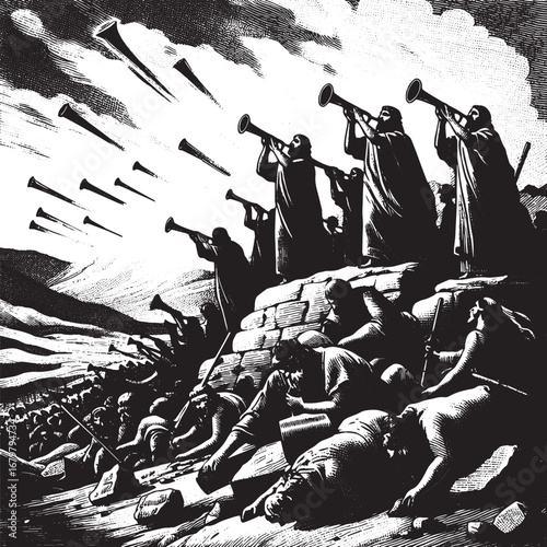 A dramatic black and white illustration depicting trumpeters, fallen people, and projectiles