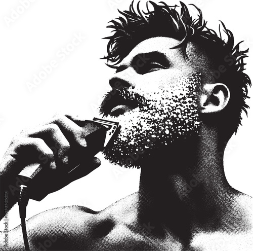 Man shaving beard with electric razor in black and white illustration for grooming concept