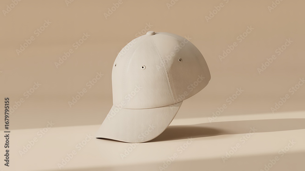 Fototapeta premium Minimalist neutral baseball cap casting subtle shadow on soft beige background