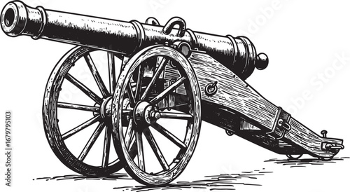 Intricate monochrome woodcut illustration of vintage wheeled can