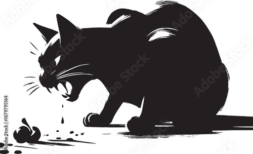 Black cat hissing and vomiting next to a piece of fruit in silhouette style