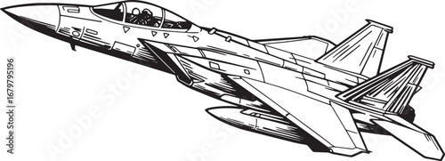 Striking woodcut style illustration of jet fighter plane on pure