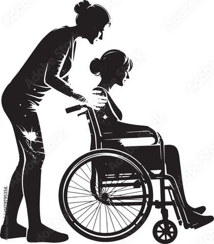 Silhouette of a caregiver assisting a person in a wheelchair, providing support and care