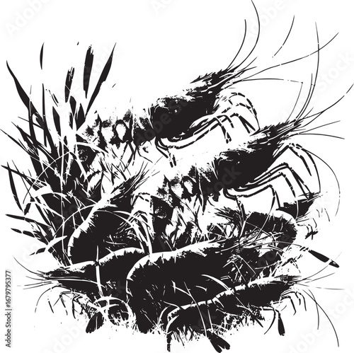 Black and white artistic illustration of shrimp clustered together in an aquatic environment