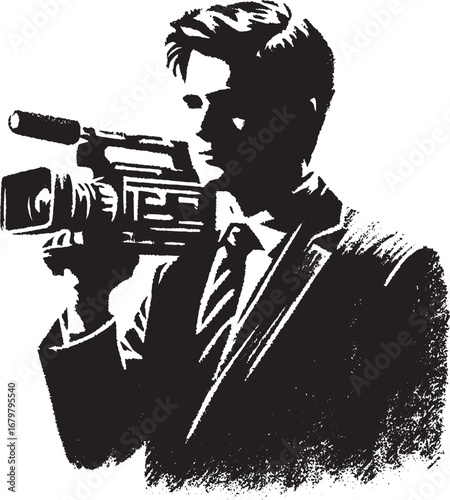 Silhouette of a Professional Cameraman Holding a Video Camera Capturing Content for Broadcast