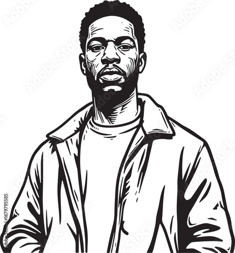 Monochrome linework illustration of a confident young man in cas