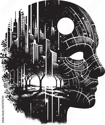 Artistic depiction of a mindscape: merging urban skyline with human consciousness