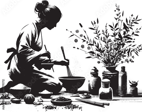 Japanese woman blending aromatic herbs with utensils in sumi-e s