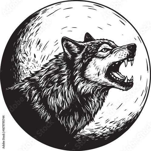 Monochromatic woodcut drawing of a menacing wolf howling against