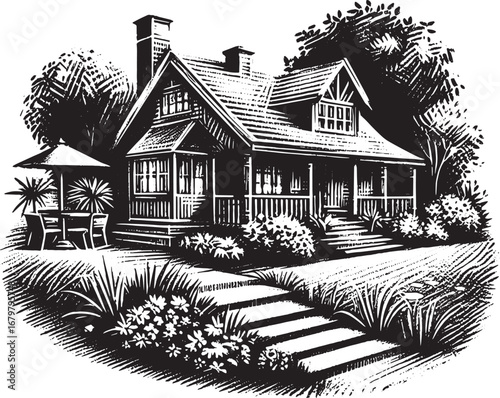 Illustration of a charming house in a garden setting with outdoor seating and a pathway